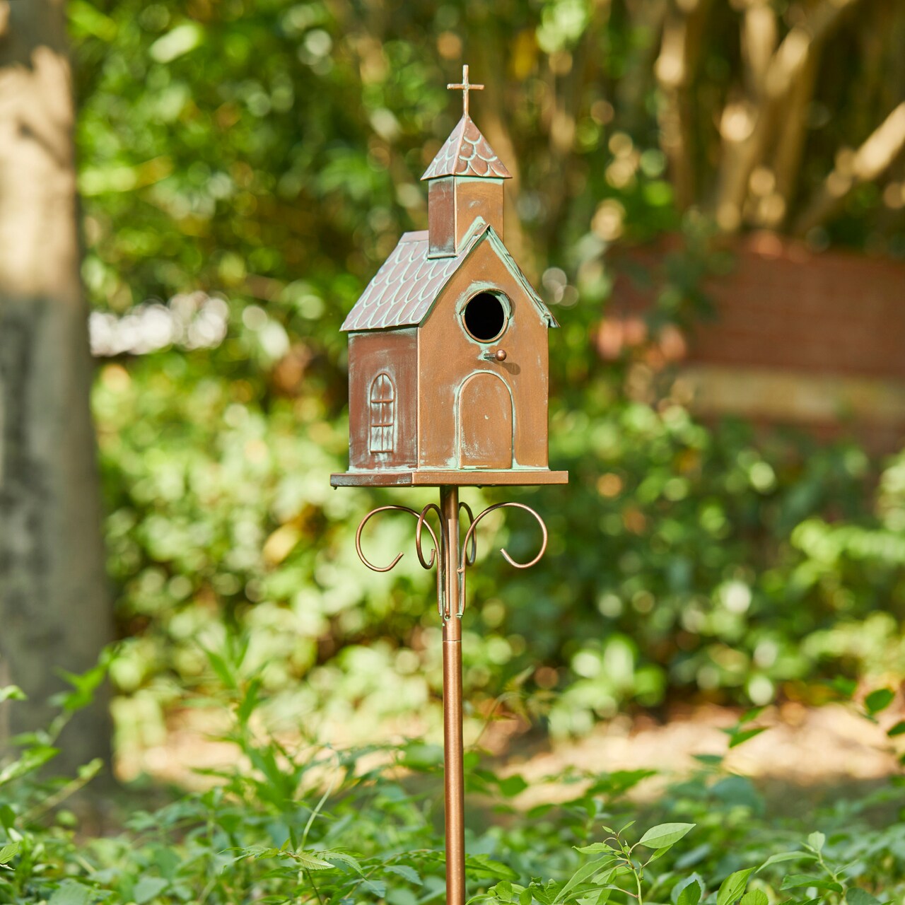 Set of 2 53.00''H Farmhouse Faux Copper Distressed Metal Church Outdoor Decorative Garden Birdhouse with Stake